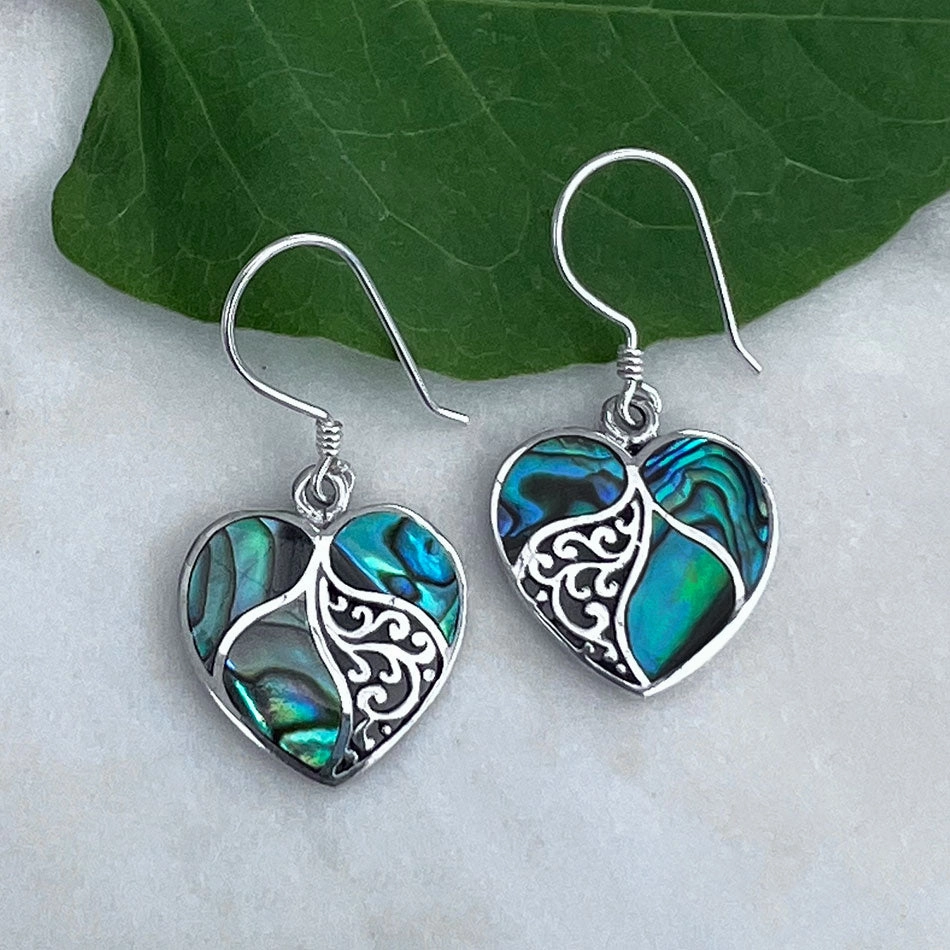 Abalone Heart Earrings - Sterling Silver, Indonesia