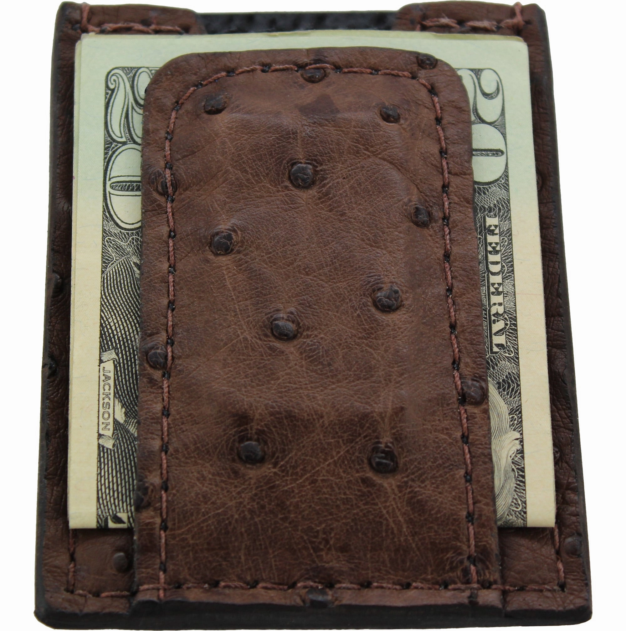 Brown Ostrich Money Clip Wallet With Credit Card Slots