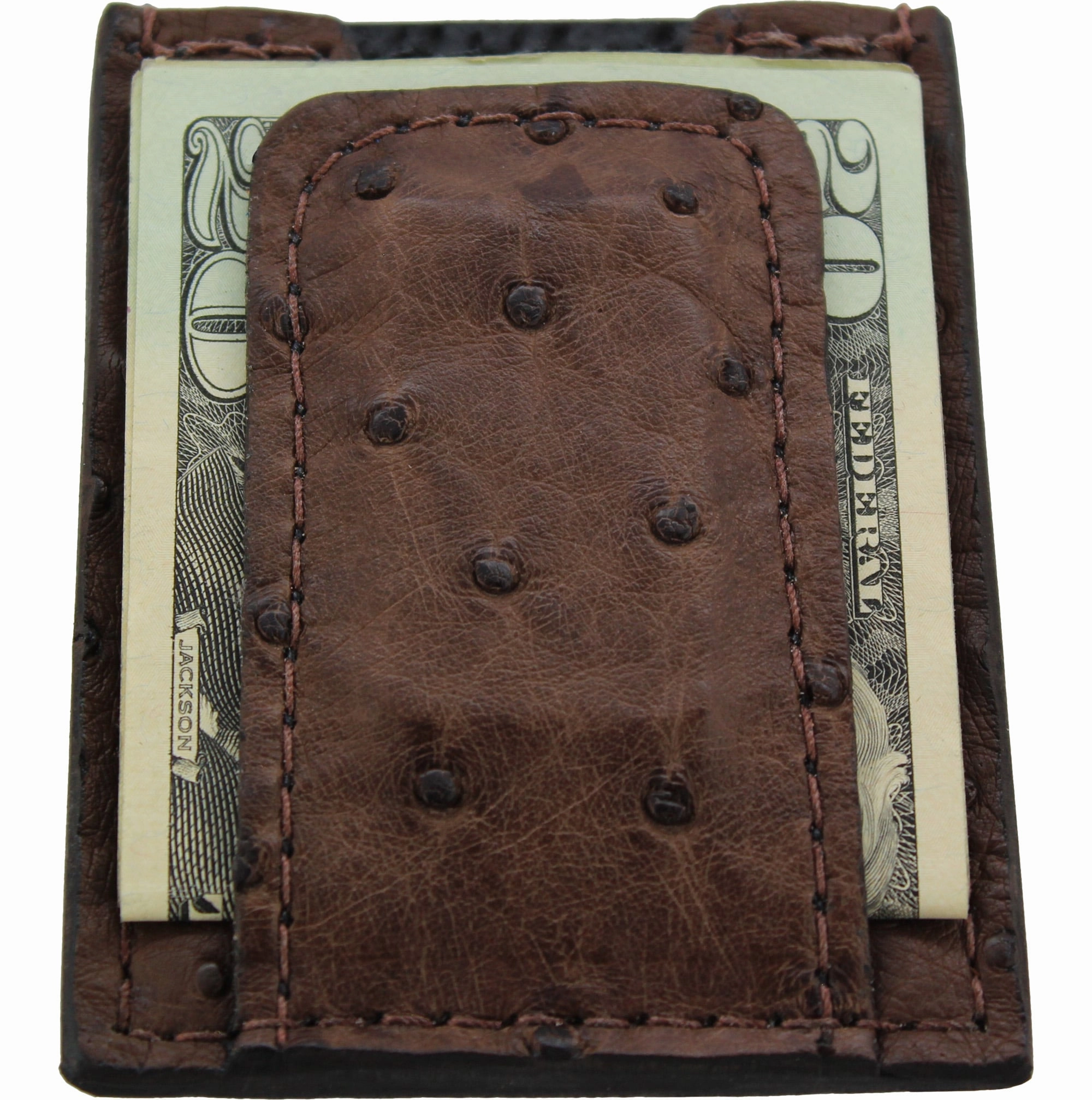 Brown Ostrich Money Clip Wallet With Credit Card Slots