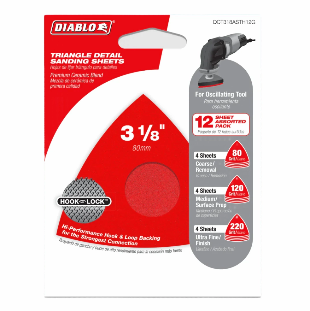 Diablo DCT318ASTH12G 3-1/8″ Oscillating Detail Triangle Sanding Sheet Assorted Pack 12