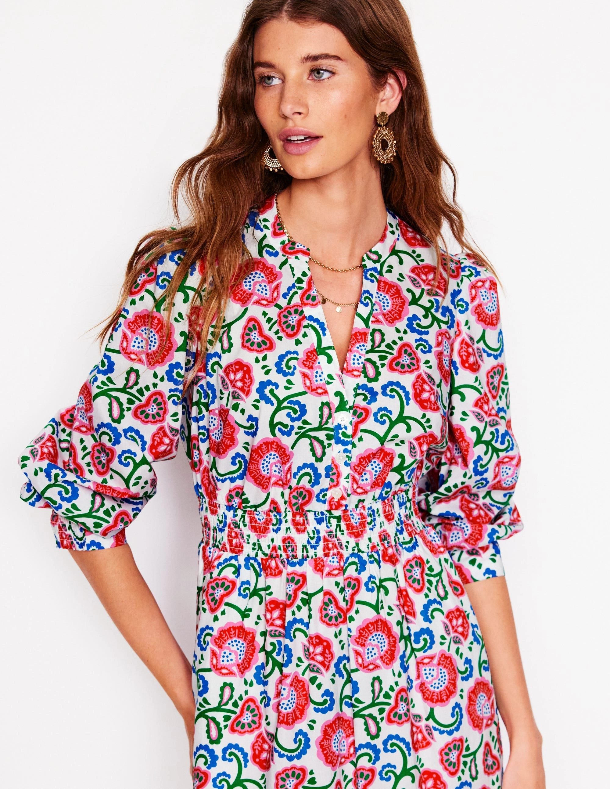 Elena Tiered Cotton Midi Dress-Ivory. Garden Vine