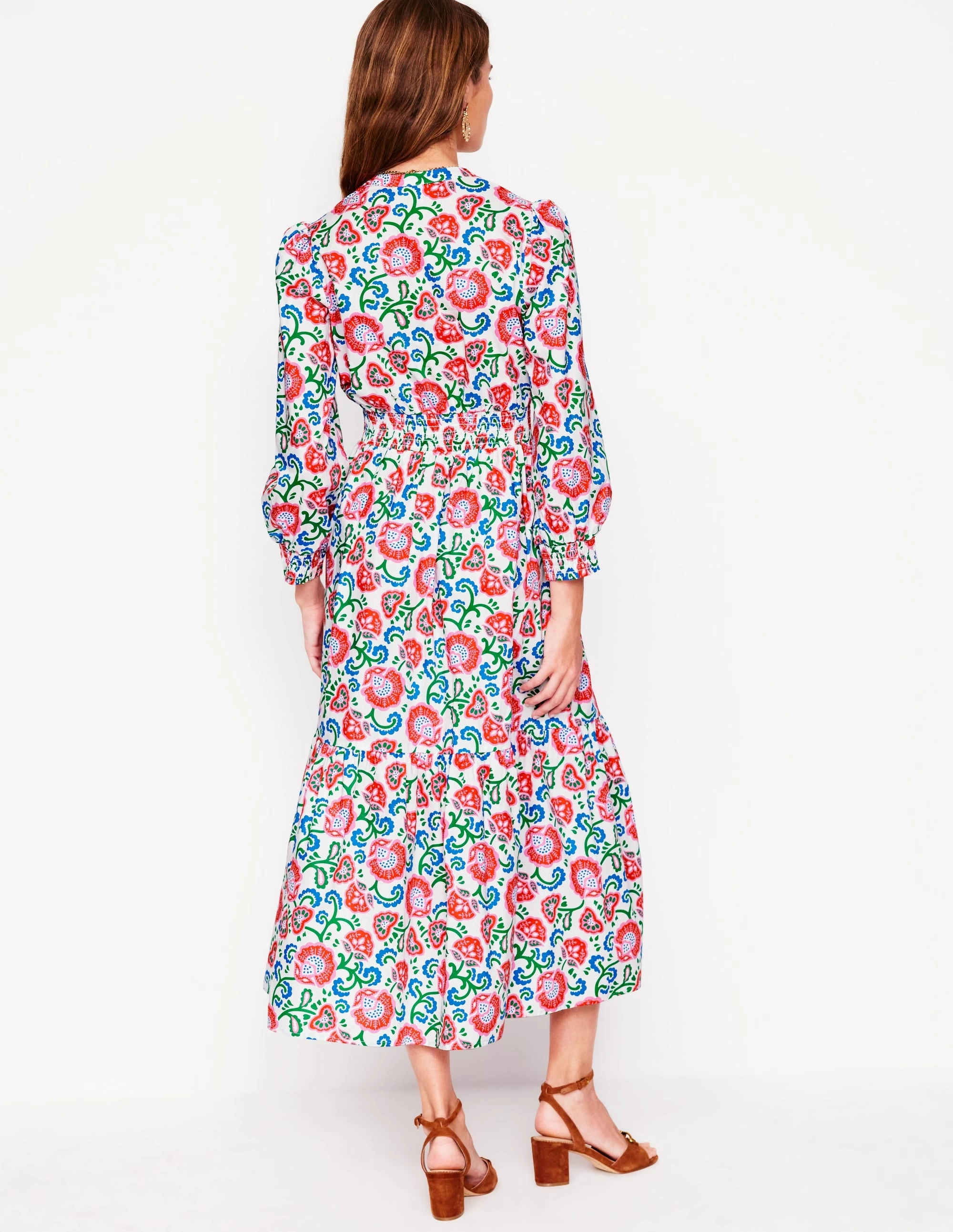 Elena Tiered Cotton Midi Dress-Ivory. Garden Vine