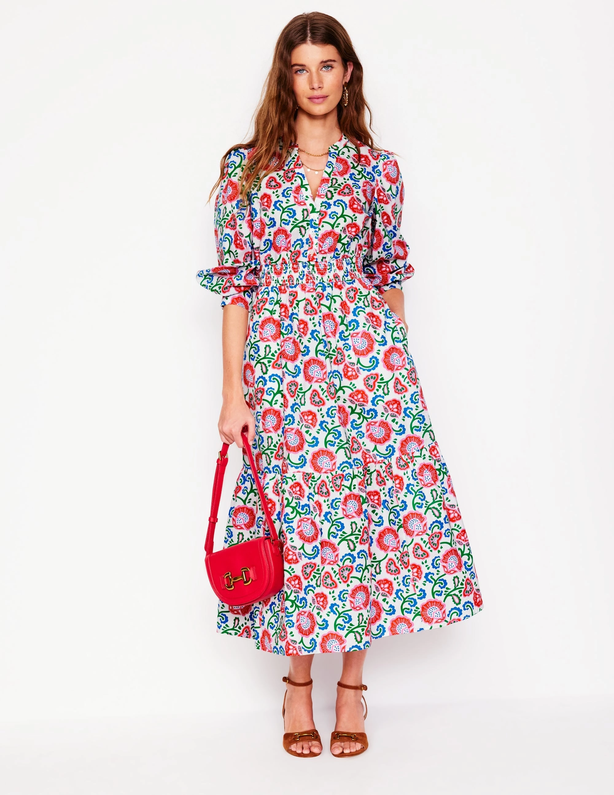 Elena Tiered Cotton Midi Dress-Ivory. Garden Vine