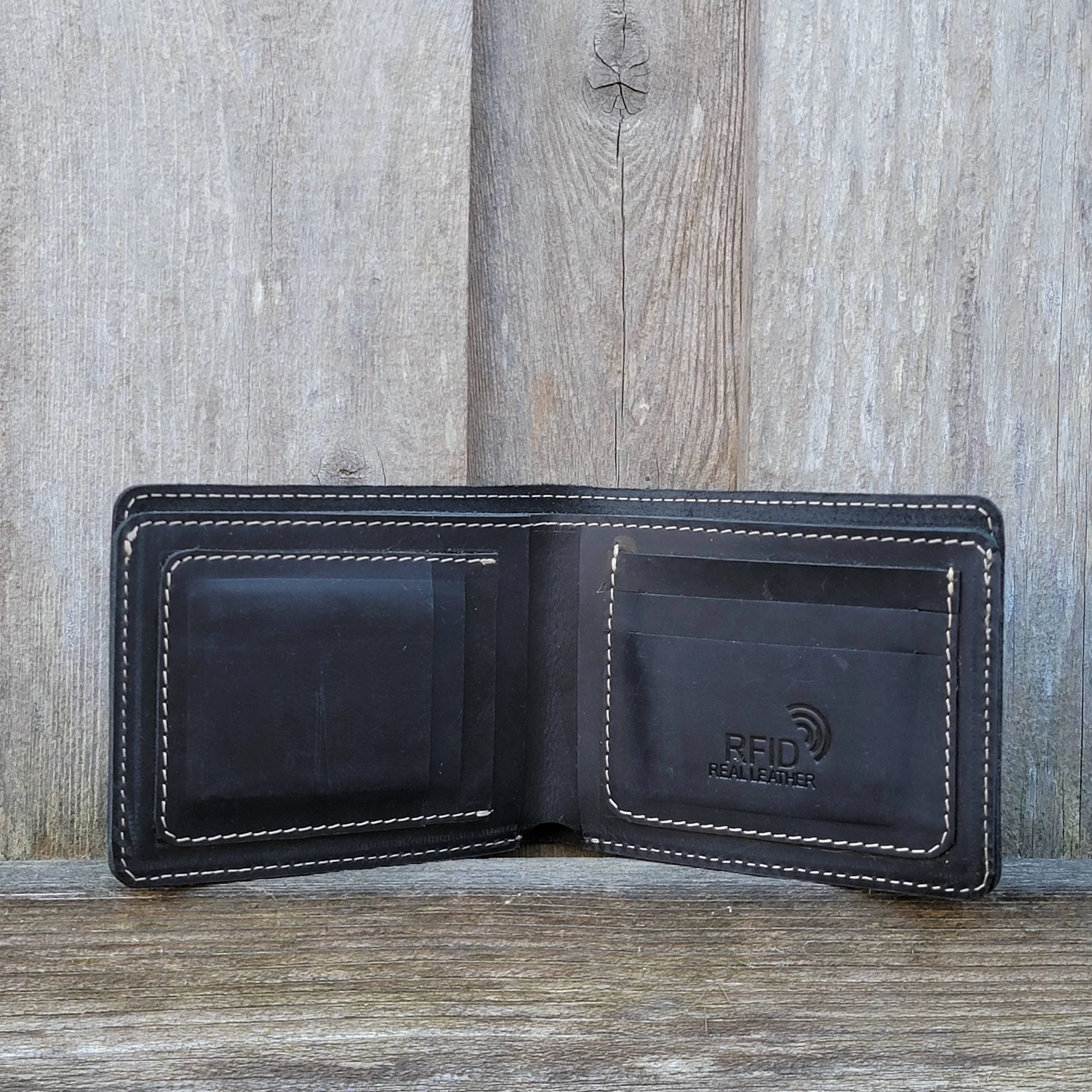 Engraved Black Full Grain Leather Minimalist Wallet