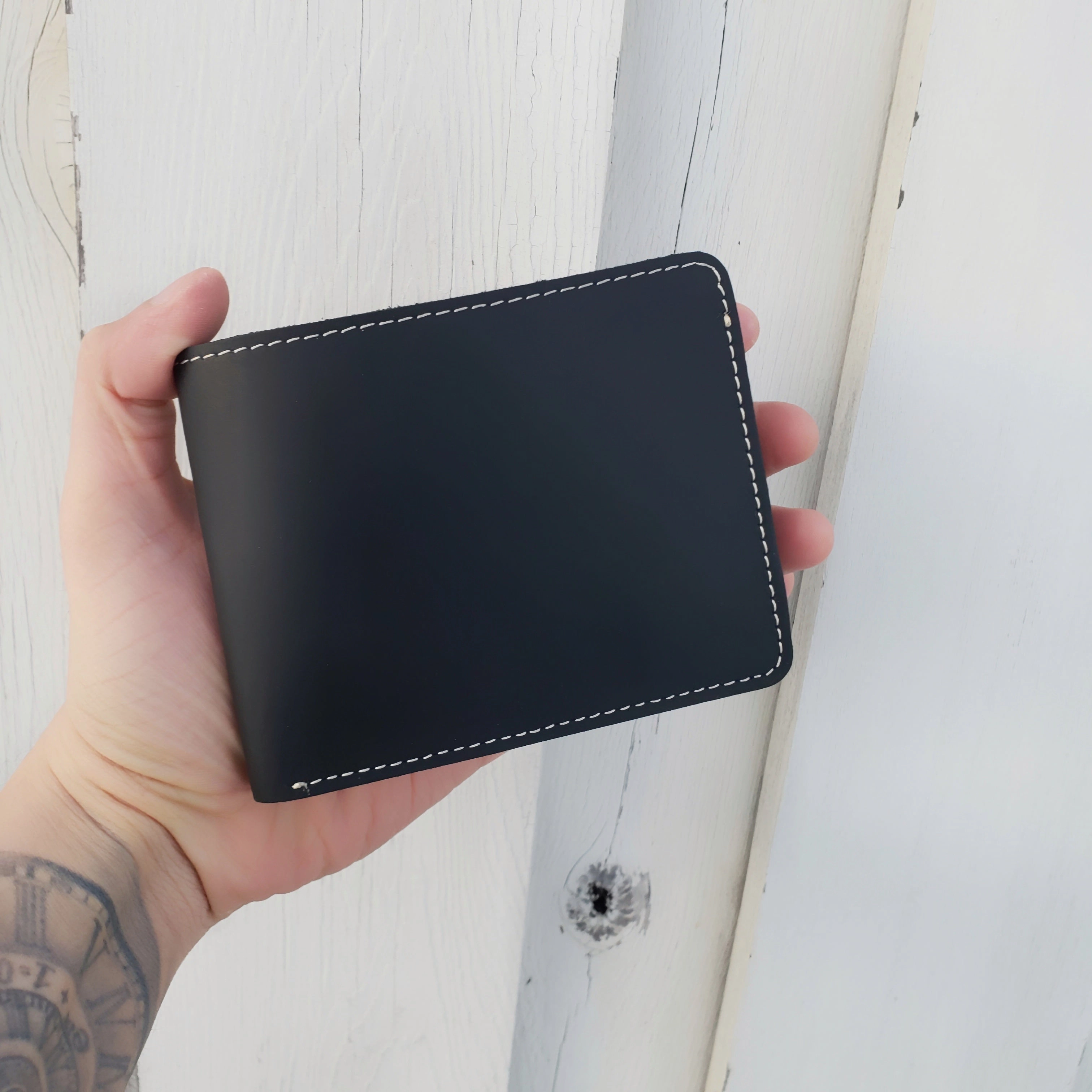 Engraved Black Full Grain Leather Minimalist Wallet