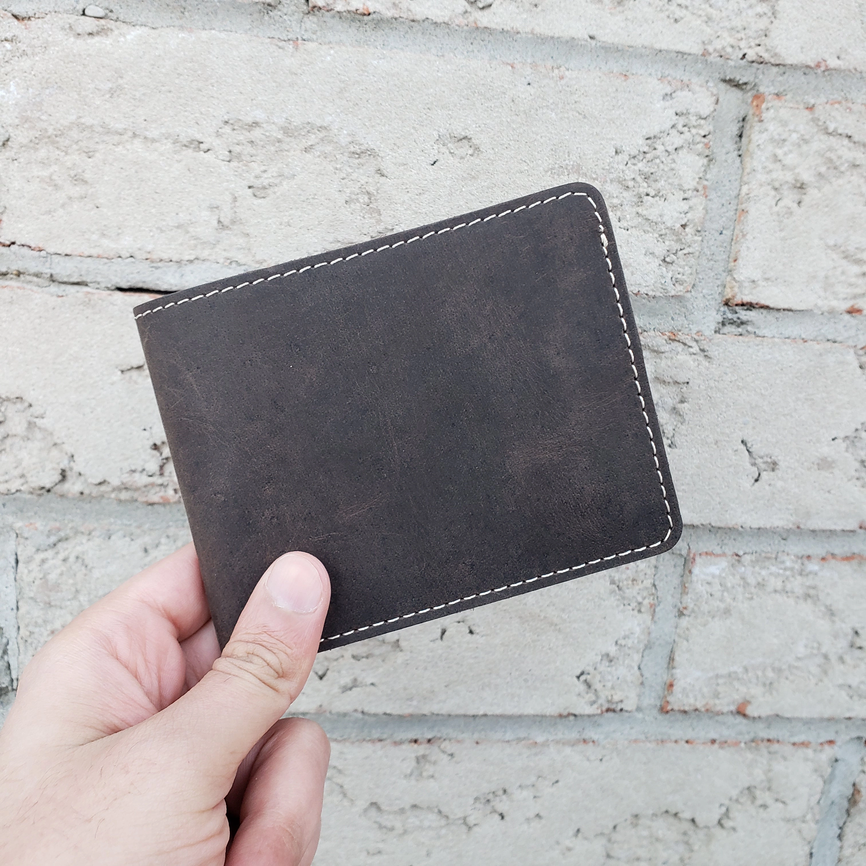 Engraved Brown Full Grain Leather Minimalist Wallet