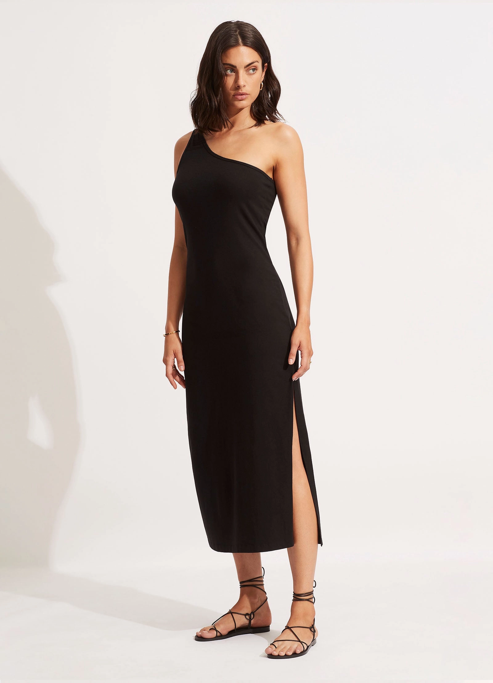 Jersey One Shoulder Midi Dress - Black