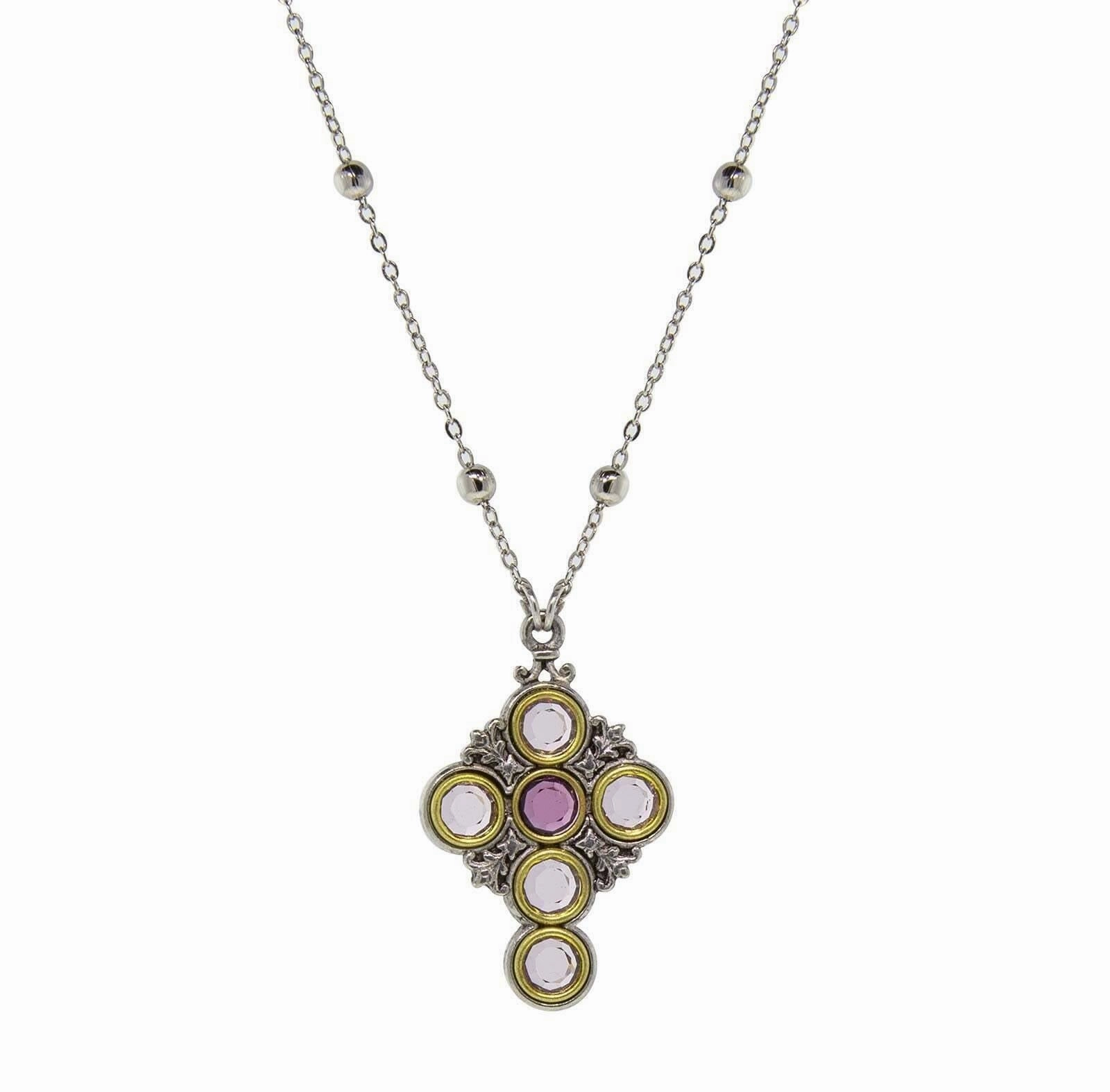 Symbols Of Faith Pewter Cross Chain Light & Dk Purple Round Crystals Pendant Necklace 16"   3" Extender