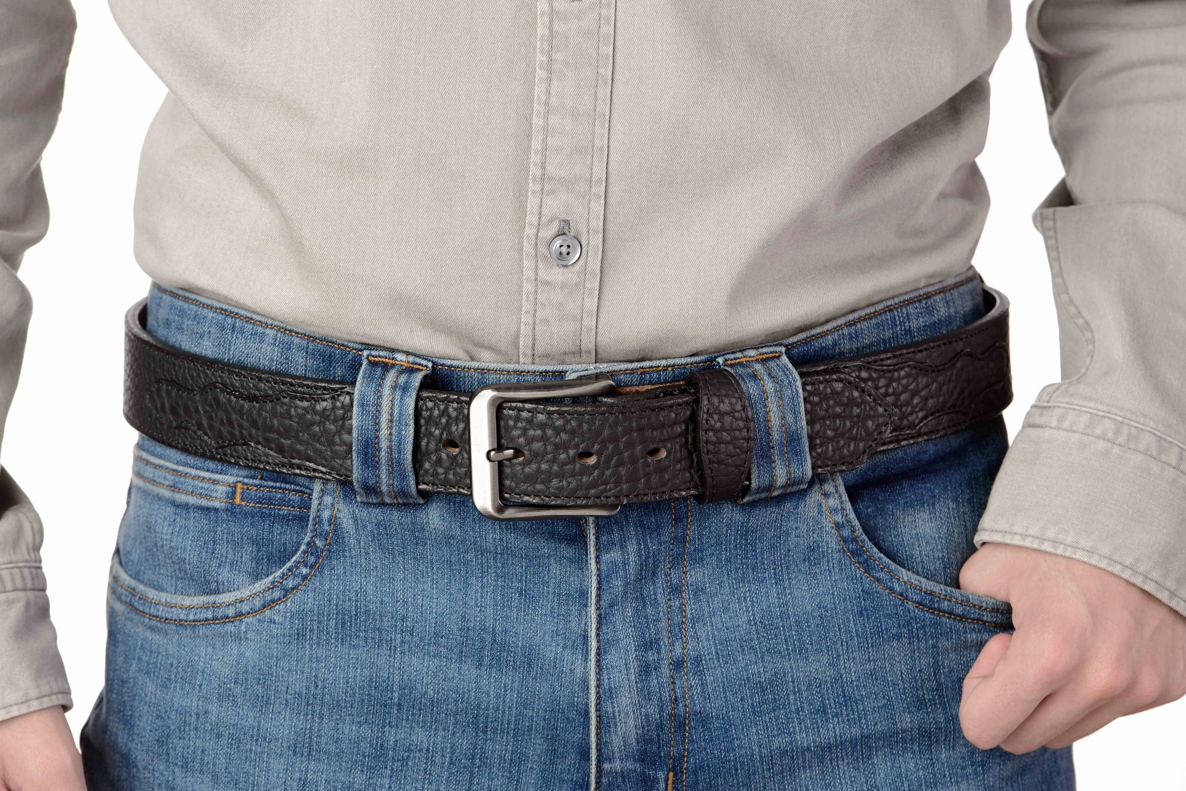 The Forester: Men's Black Stitched American Bison With Scalloped Ends Leather Belt 1.50"