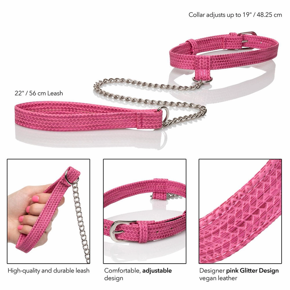 Tickle Me Pink  Glitter Collar With Leash