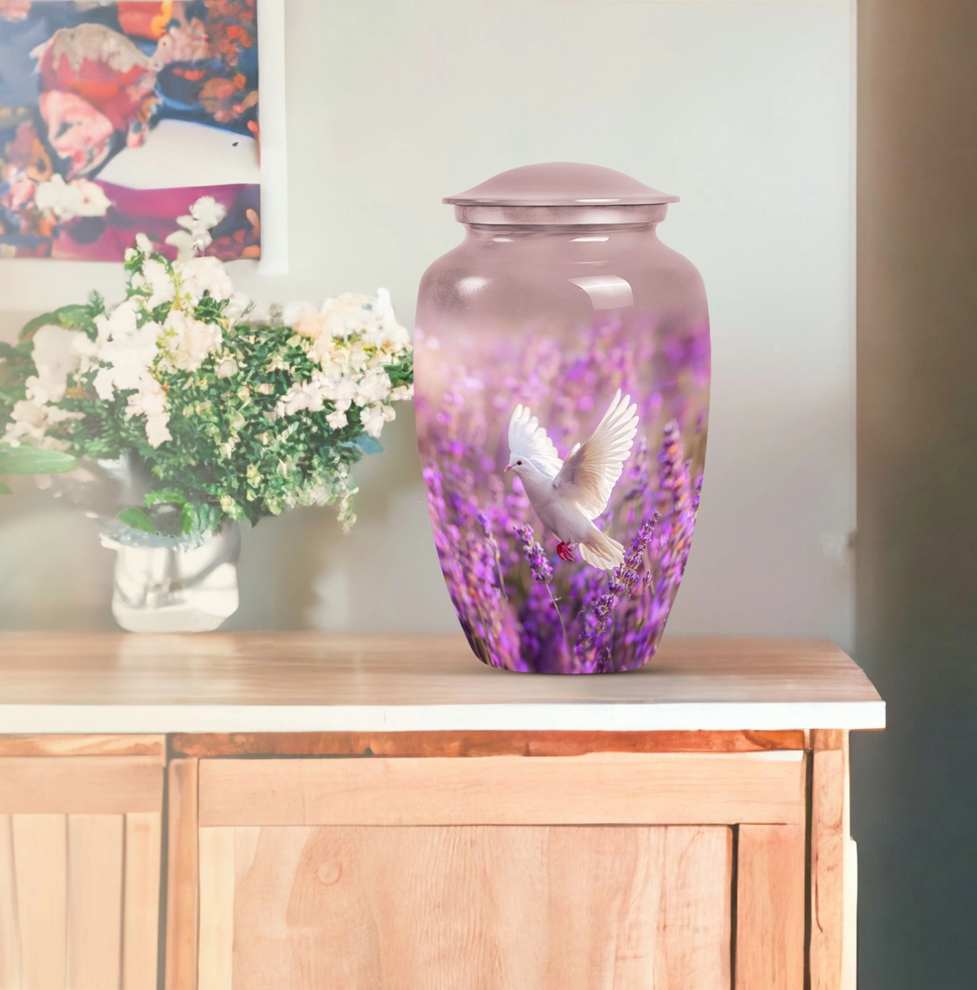 White Dove Memorial Urn on Purple Canvas for Majestic Women