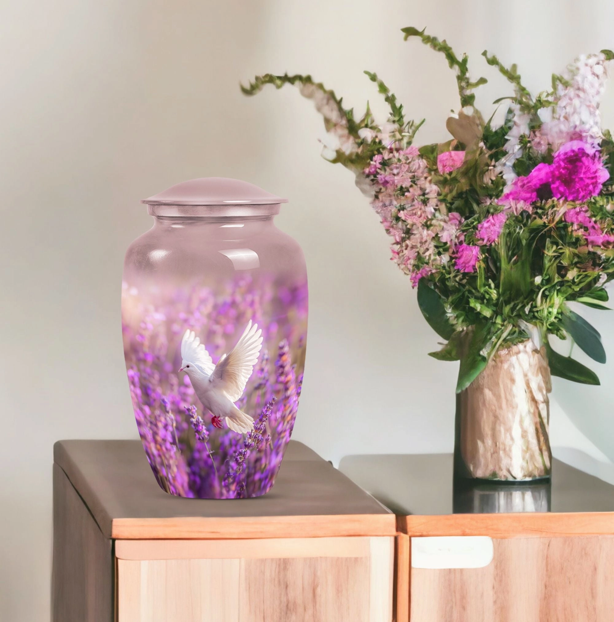 White Dove Memorial Urn on Purple Canvas for Majestic Women