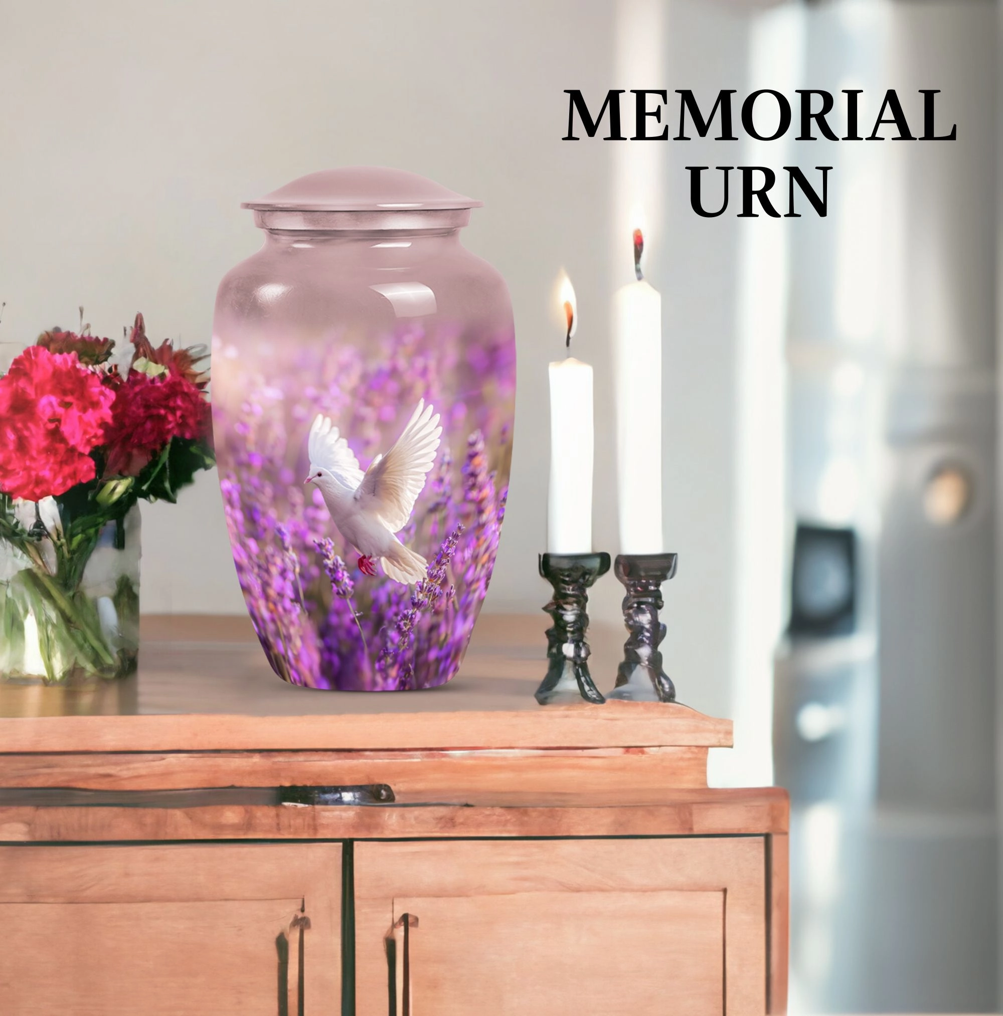 White Dove Memorial Urn on Purple Canvas for Majestic Women
